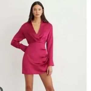 Women's Dynamite Deep Red Satin CollarShirt Dress With Ruching - Size XS XXS New